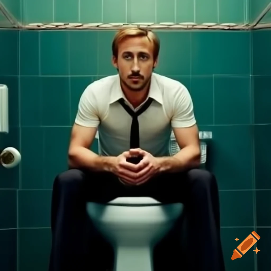 Ryan Gosling sitting in a bathroom setting