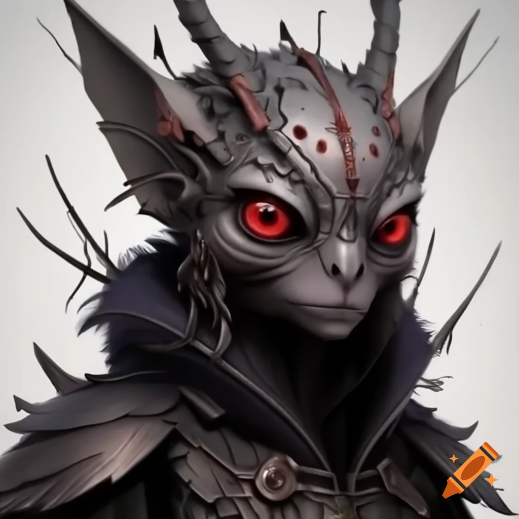 Mothman cryptid character with red eyes and feather antennas in full figure