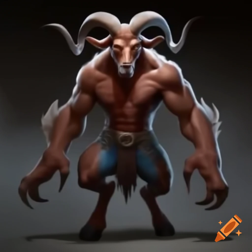 Muscular goat-headed demon in standing posture, wearing blue short jeans, HD realistic