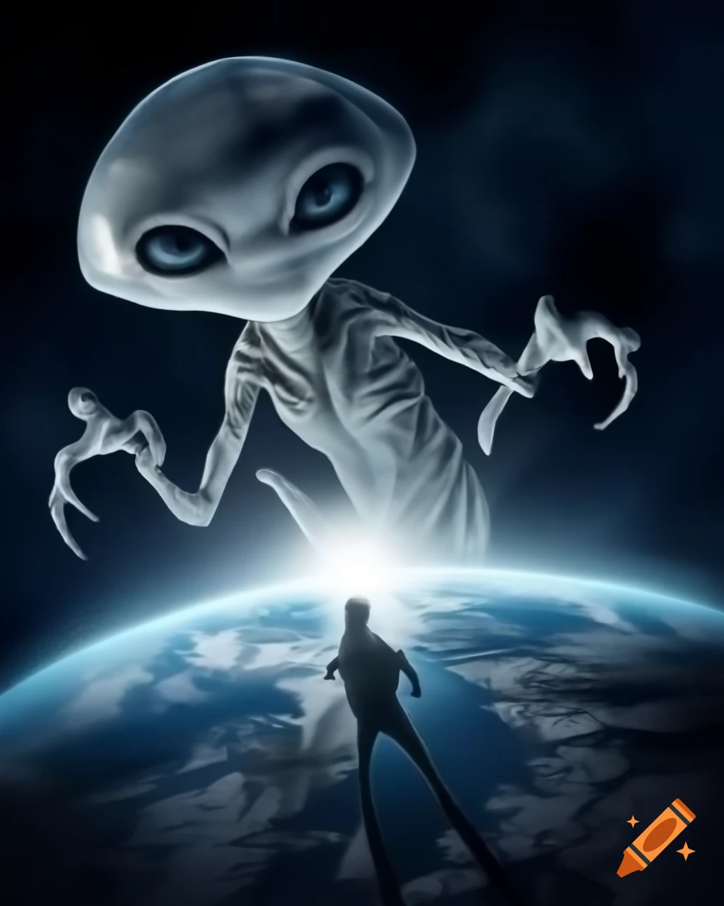 Alien saucers attacking Earth, showing humans in flight