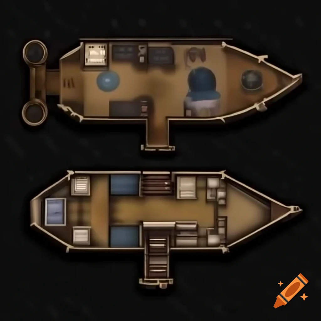 Three-level ship map for DnD with detailed descriptions of deck, masts, and steering wheel