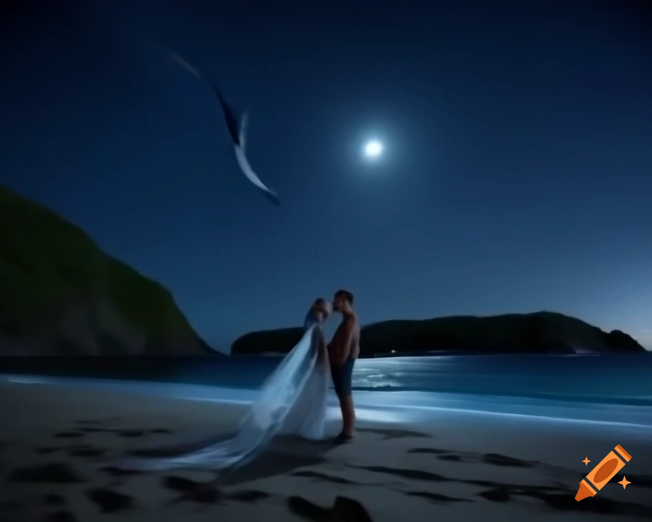 Couple sitting on beach under moonlight and twinkling stars