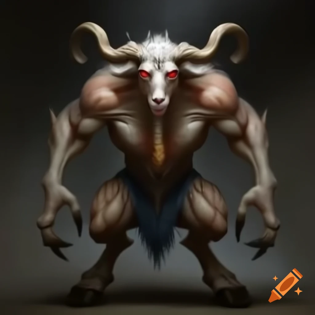 Strong goat-headed demon with large horns and muscular legs, HD realistic