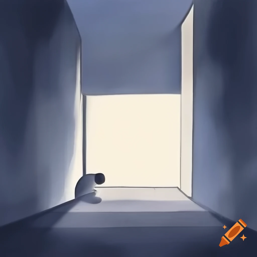 Lone figure slumped against wall in empty, softly lit hallway
