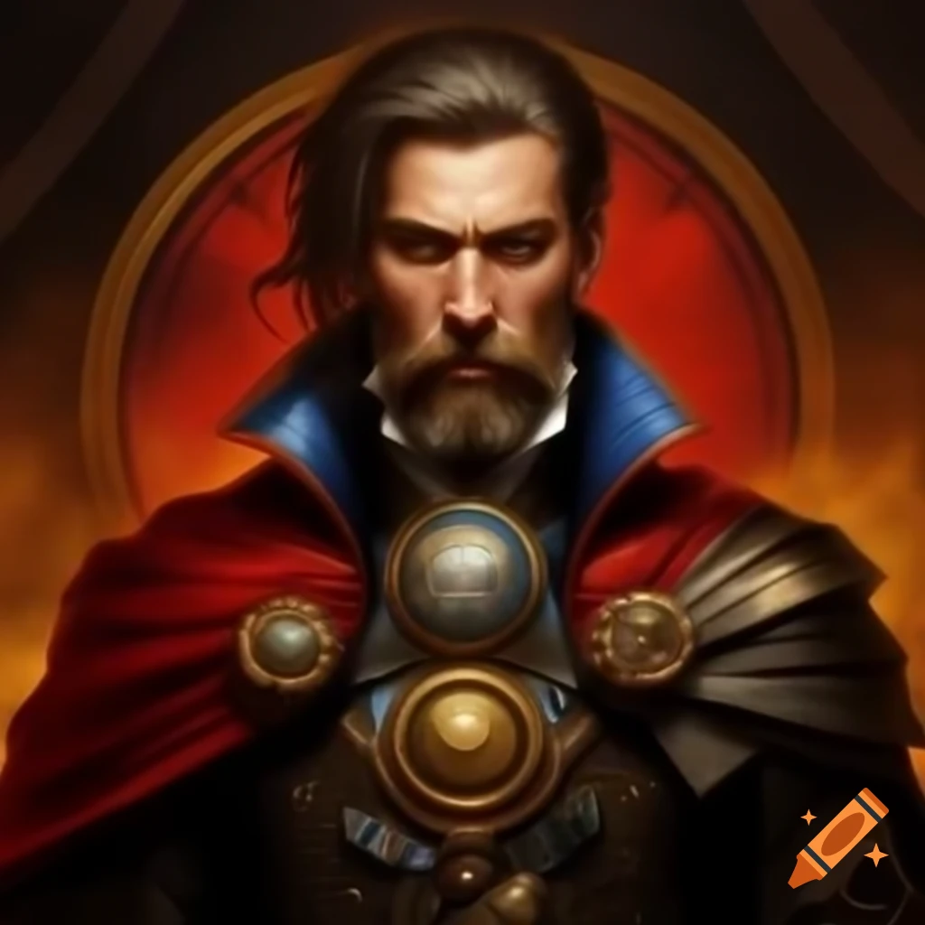 Steampunk emperor portrait with gold clock amulet and crimson cape