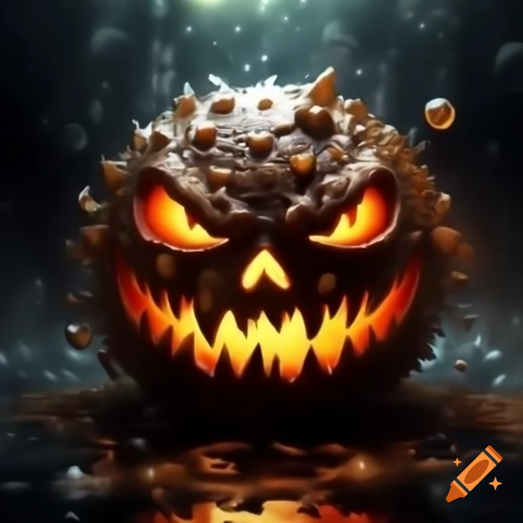 Hyper-realistic fantasy monster with oil-colored bubble, glowing eyes, and Jack O' Lantern mouth