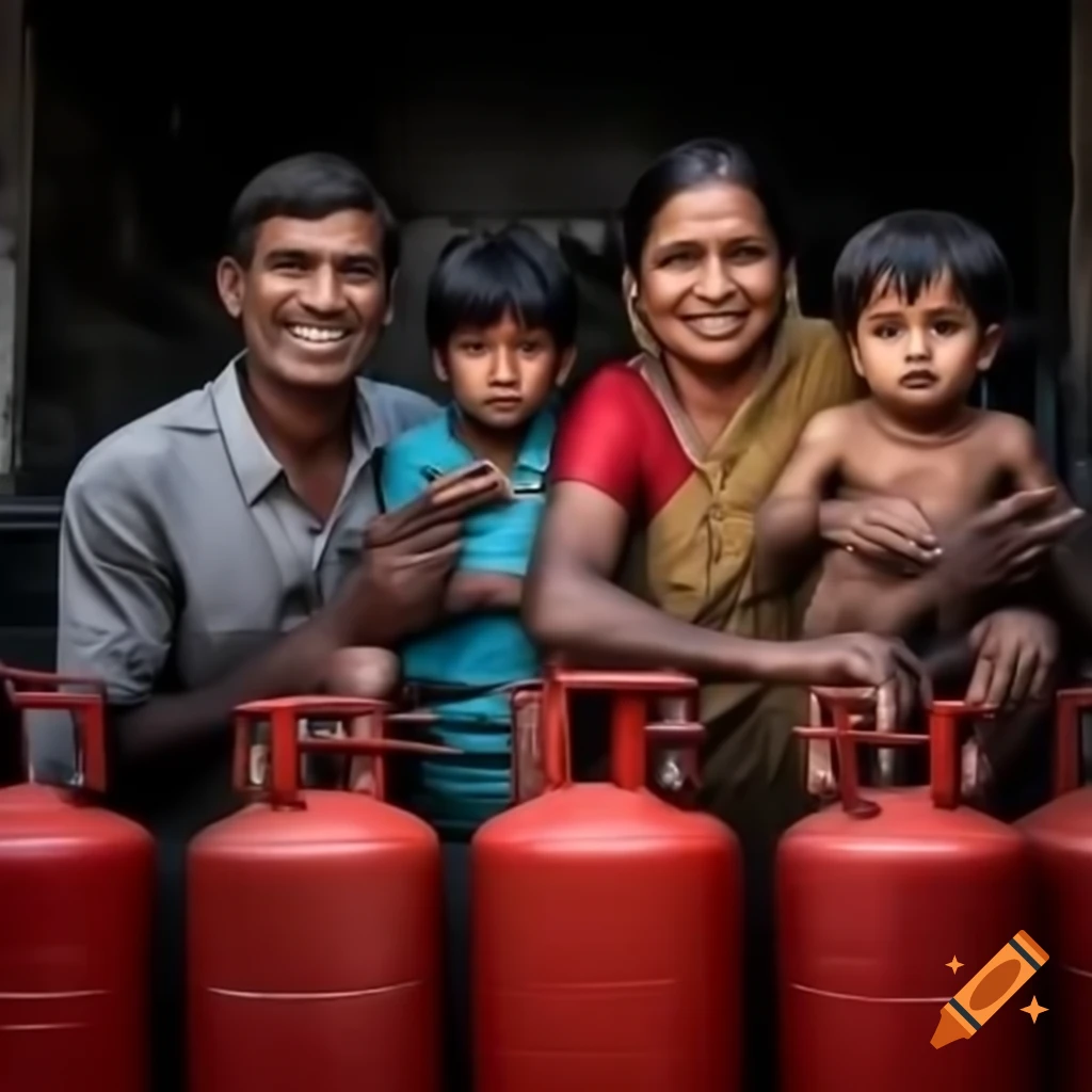 Smiling Indian family using red gas cylinder in kitchen