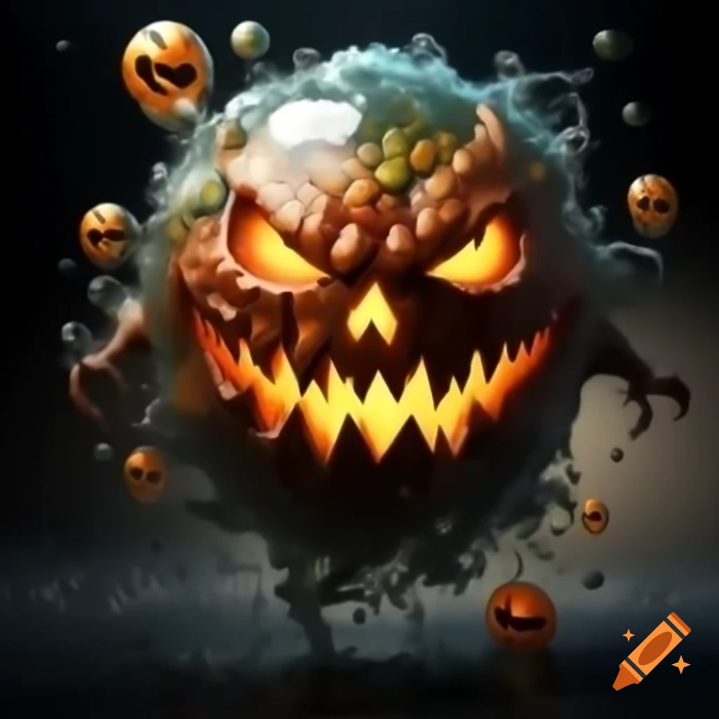 Hyper realistic fantasy monster bubble with glowing eyes and Jack O' Lantern mouth