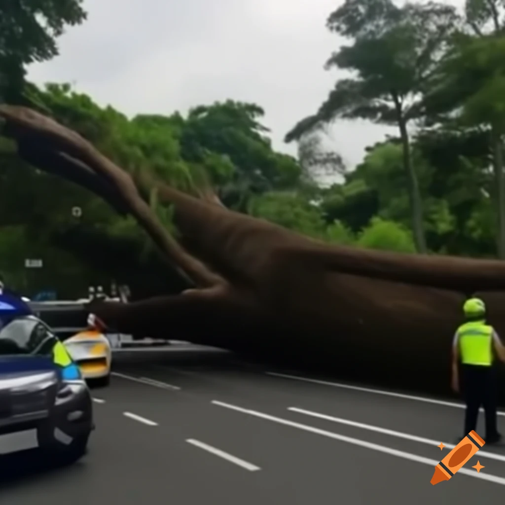 Fallen tree with police directing traffic in Telok Blangah St 31, Singapore