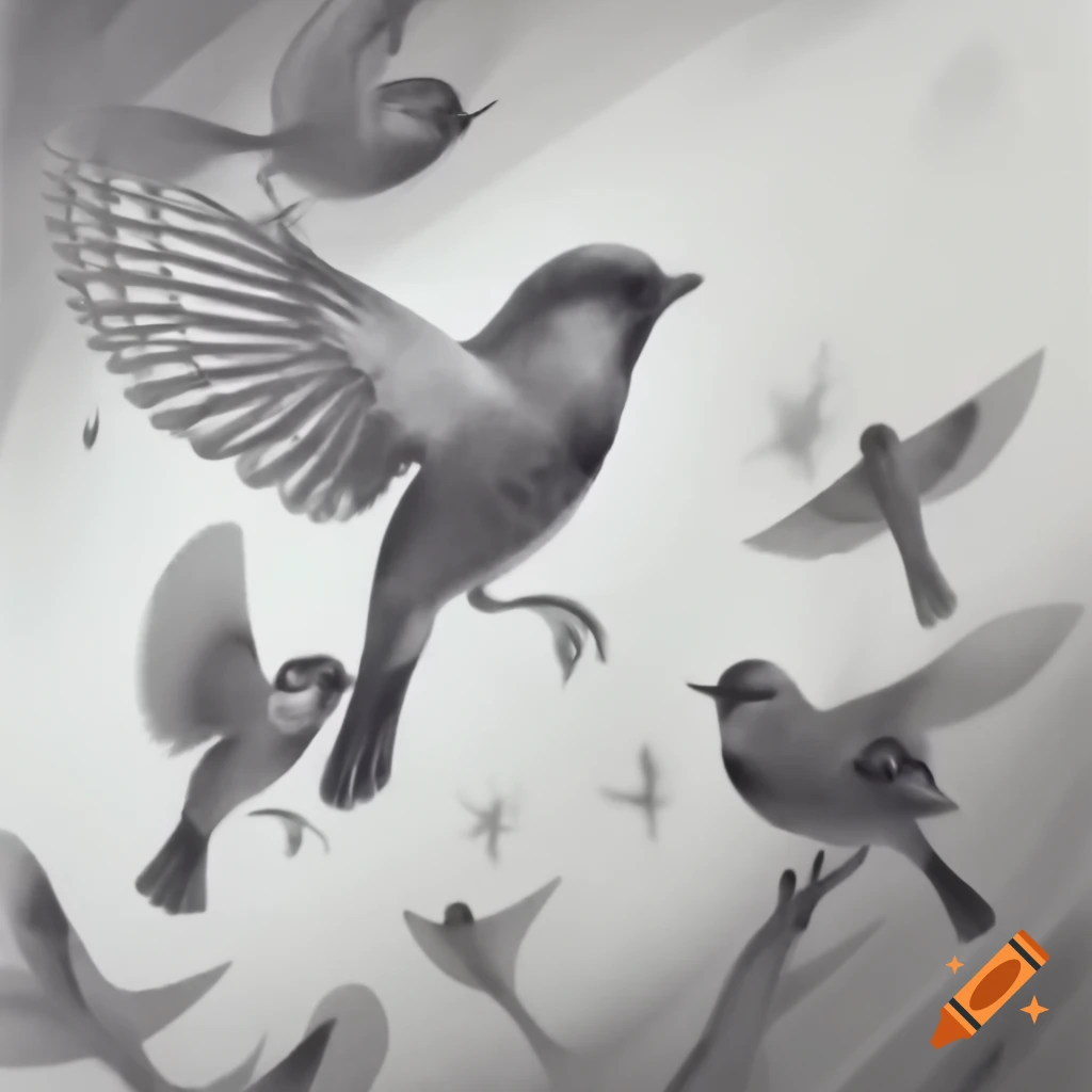 Whimsical charcoal drawing of sparrows in flight