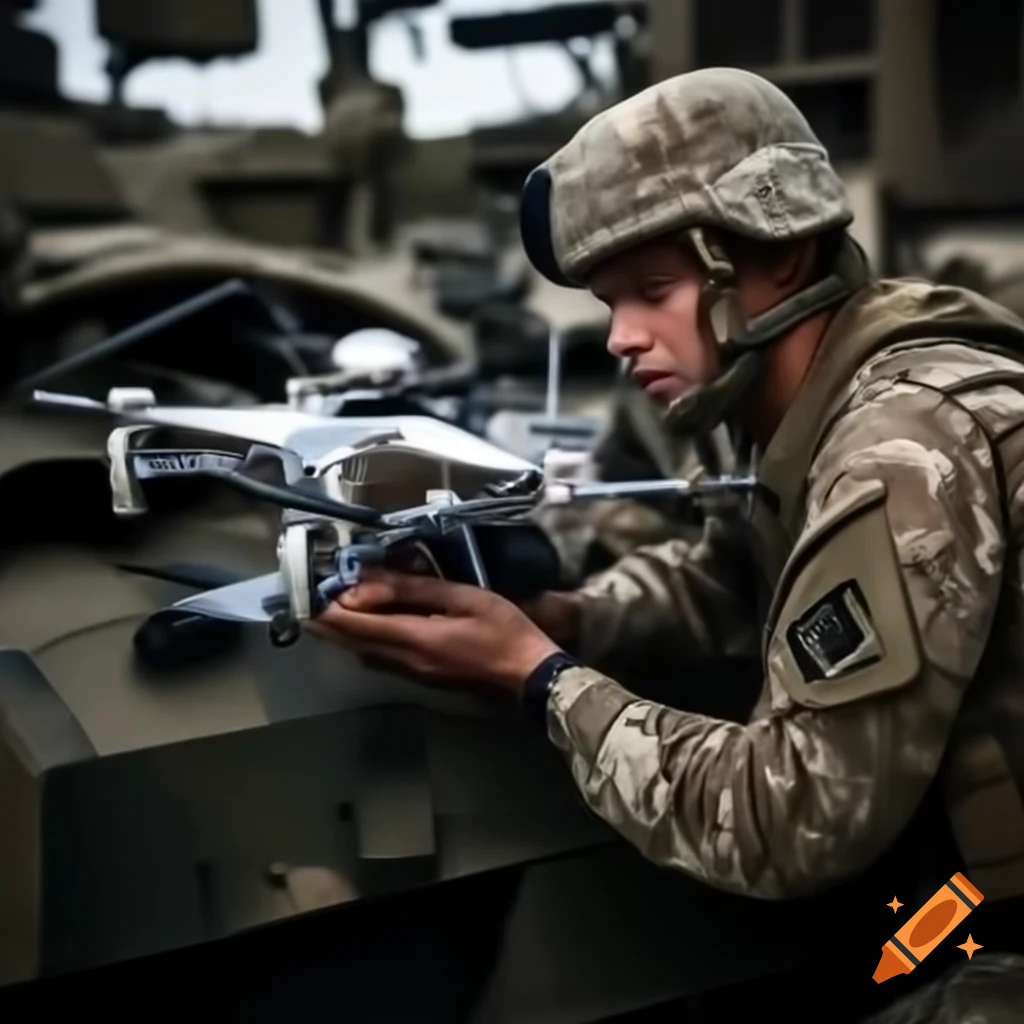 Soldier operating a chrome-plated drone