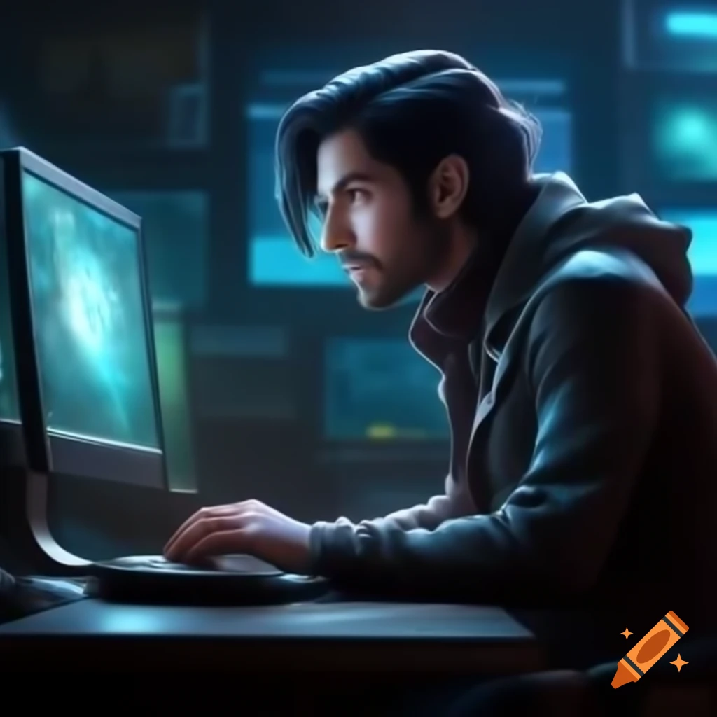Tall man with dark hair watching TFT game on computer screen