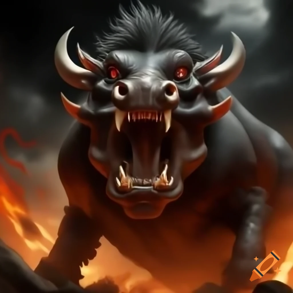 Fierce warthog with fiery eyebrows illustrated on inked pages