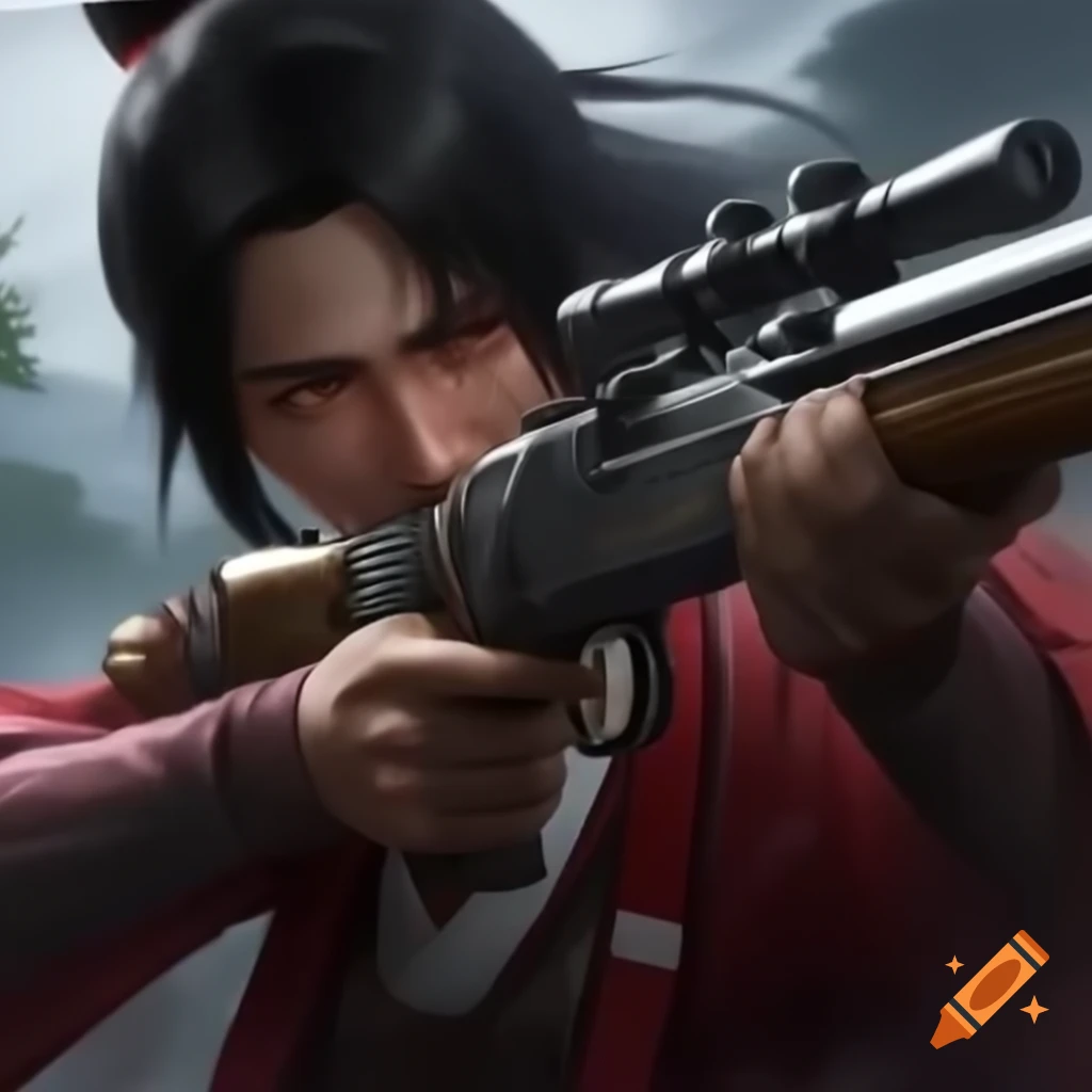 Historical figure Oda Nobunaga aiming a sniper rifle