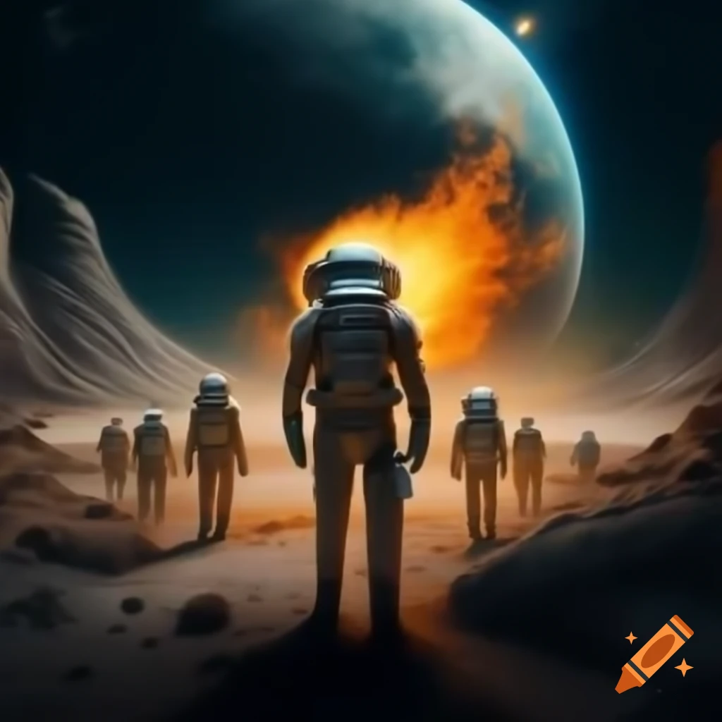 Astronauts discovering ancient alien artifact on barren planet with glowing structures