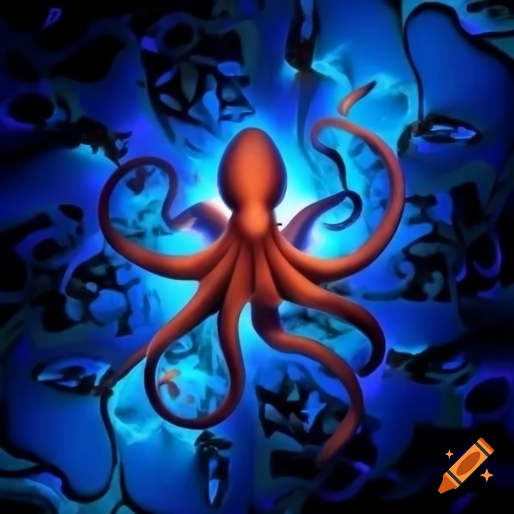Ocean-themed fractal art featuring octopus with barrier reef backdrop