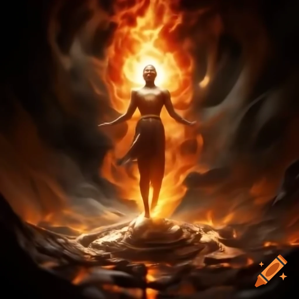 Eternal being emerging from flames as pure light
