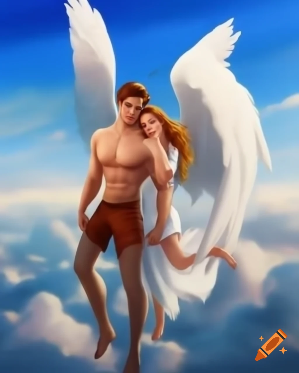 Muscular angel and human boyfriend in heavenly cloud setting