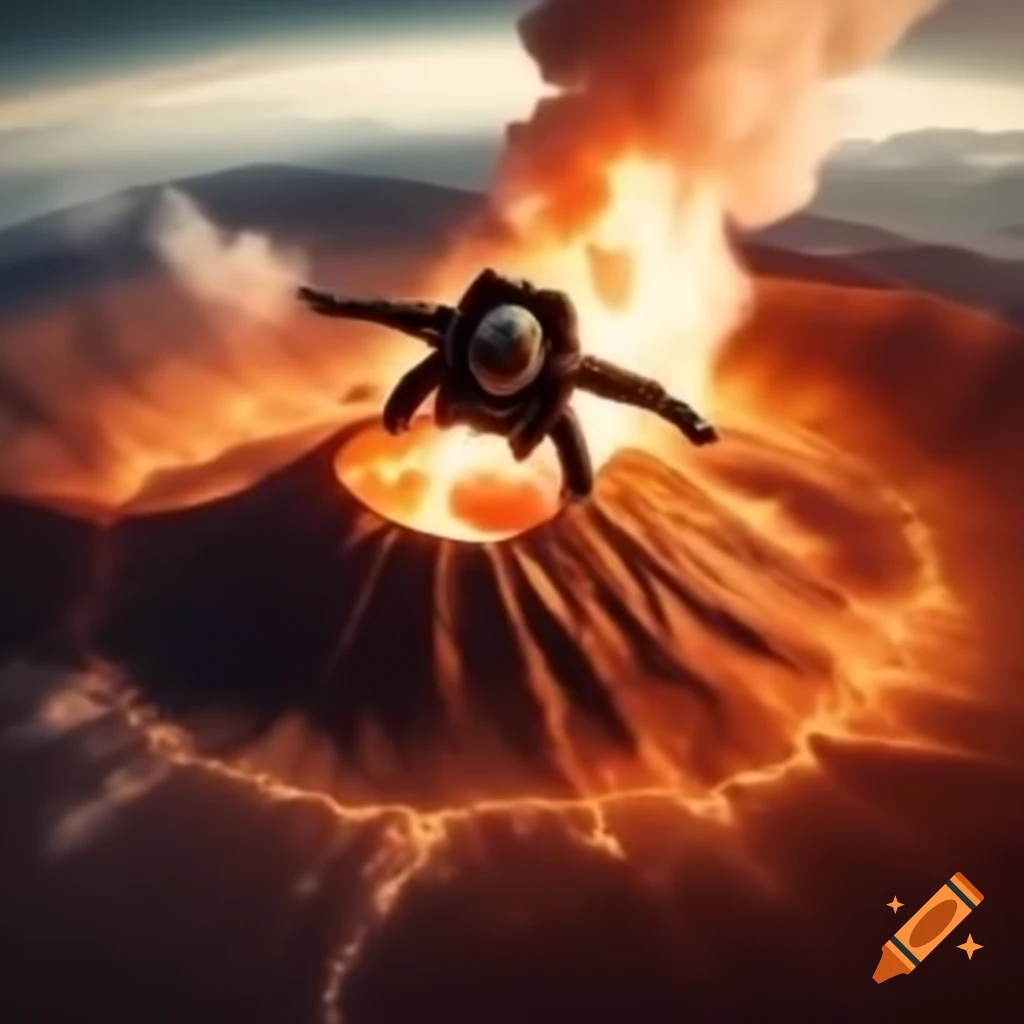 Skydiver descending towards a volcano crater surrounded by flames on