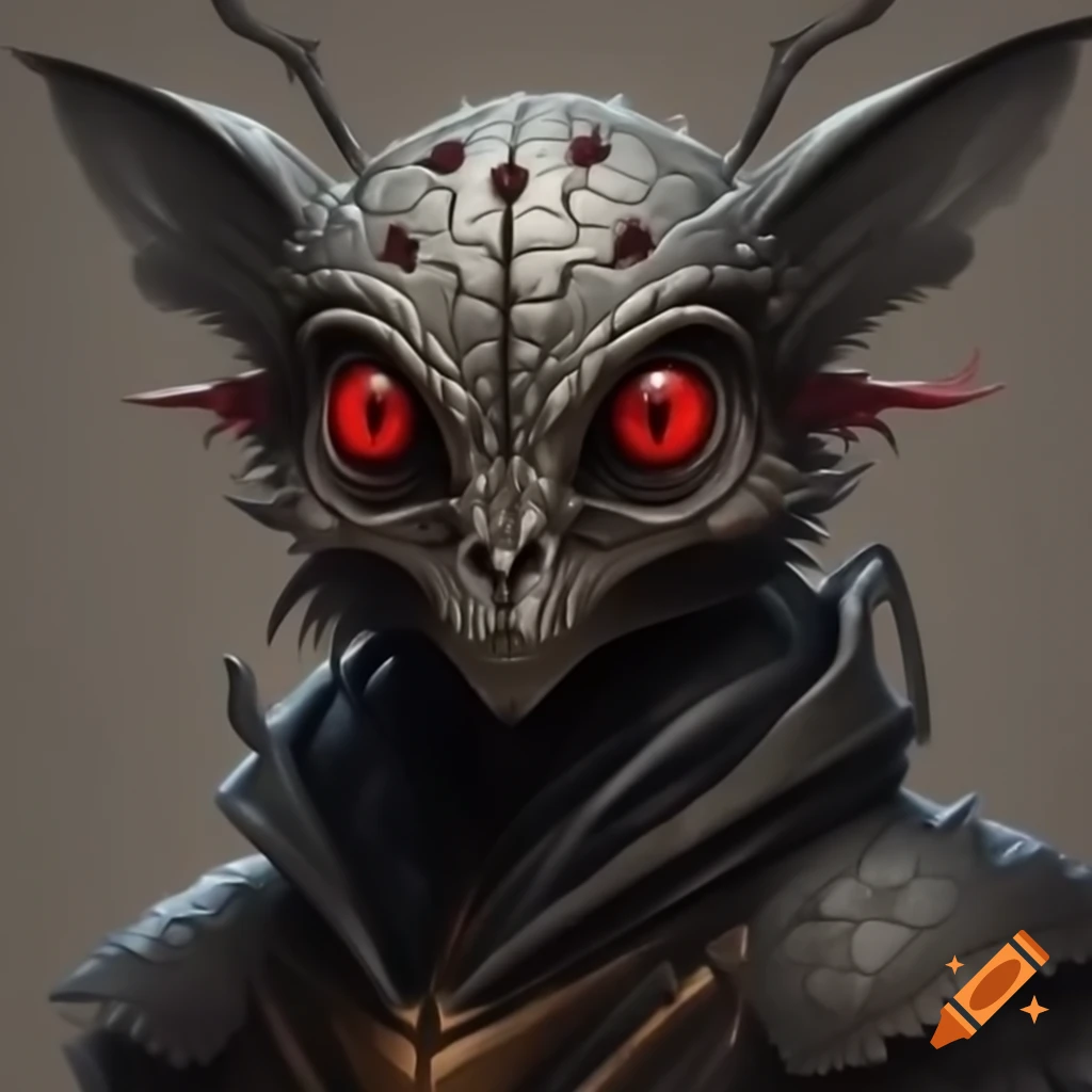 Highly detailed mothman cryptid character with red eyes and feather-shaped antennas