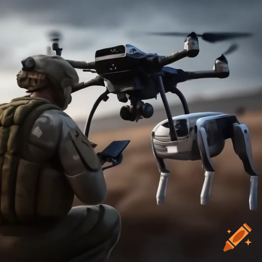 Soldier operating drone with robotic military dog