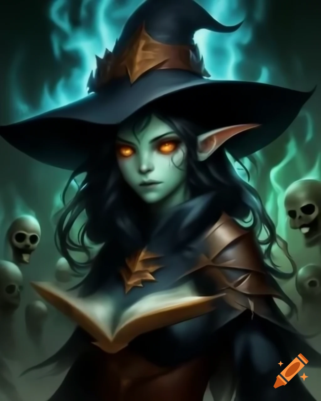Undead female elf necromancer with dark wizard hat and cyan flames on