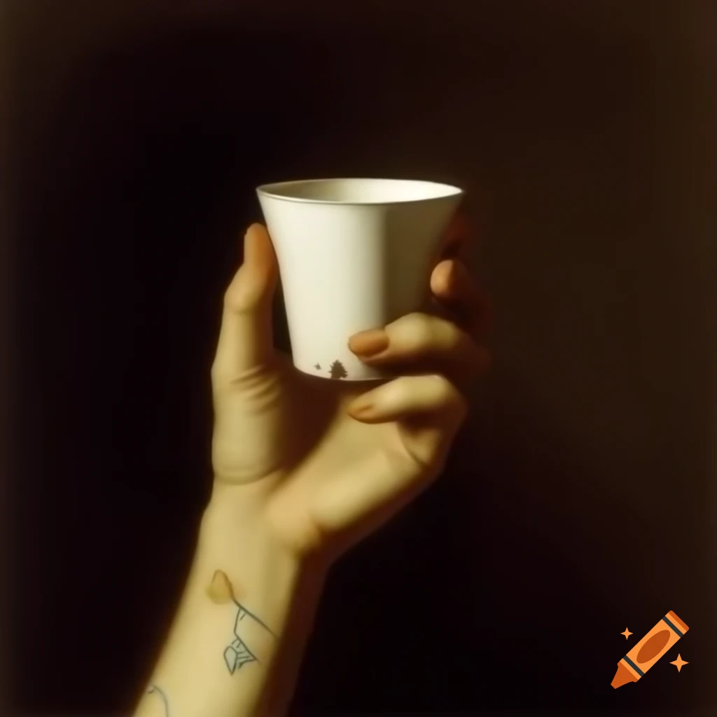 Arm holding paper cup, artwork by Francisco de Goya