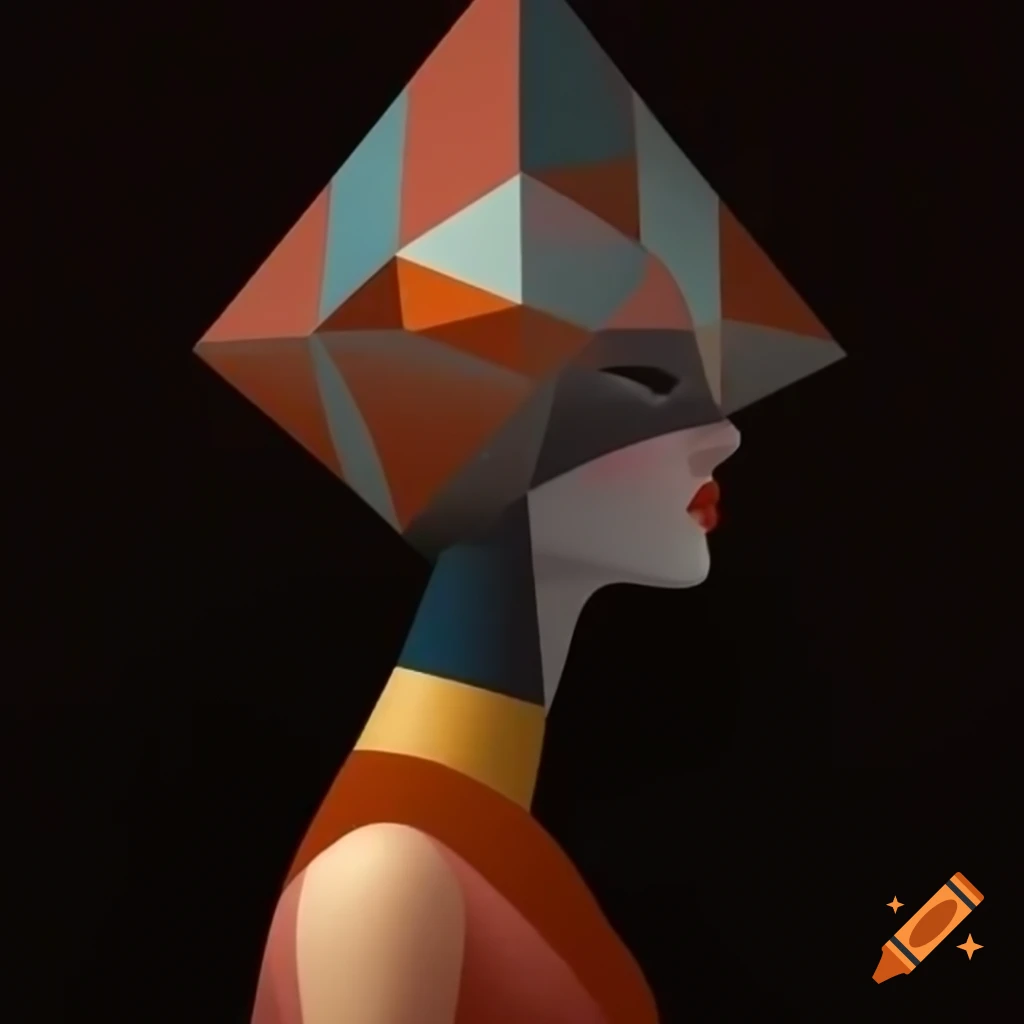 Surreal human figure with geometric head against simple colors