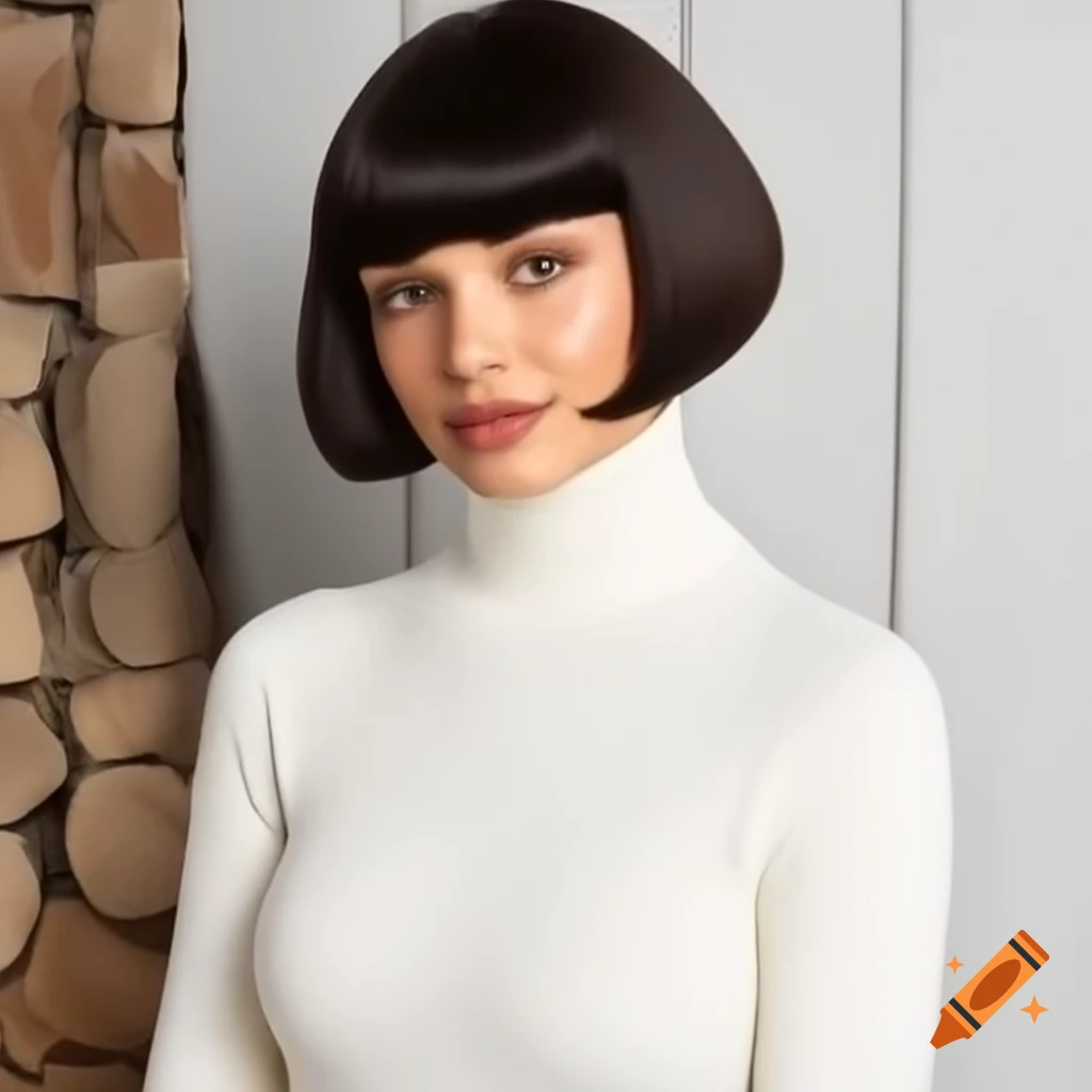 Cozy living room with woman in white turtleneck and shaved head