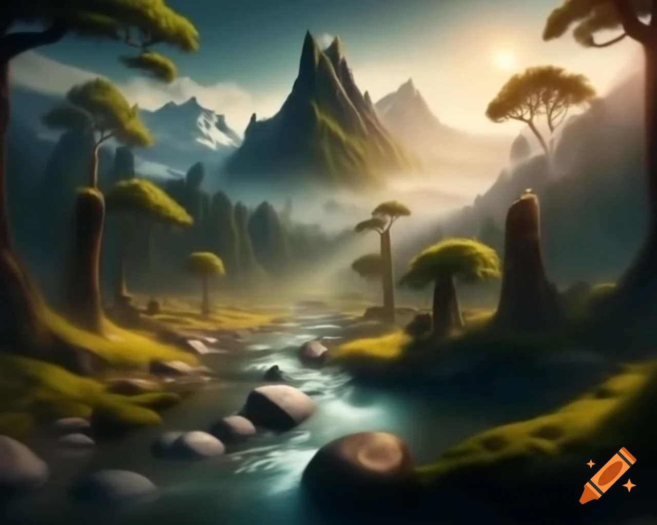 Majestic mountain range above a winding river with grand trees