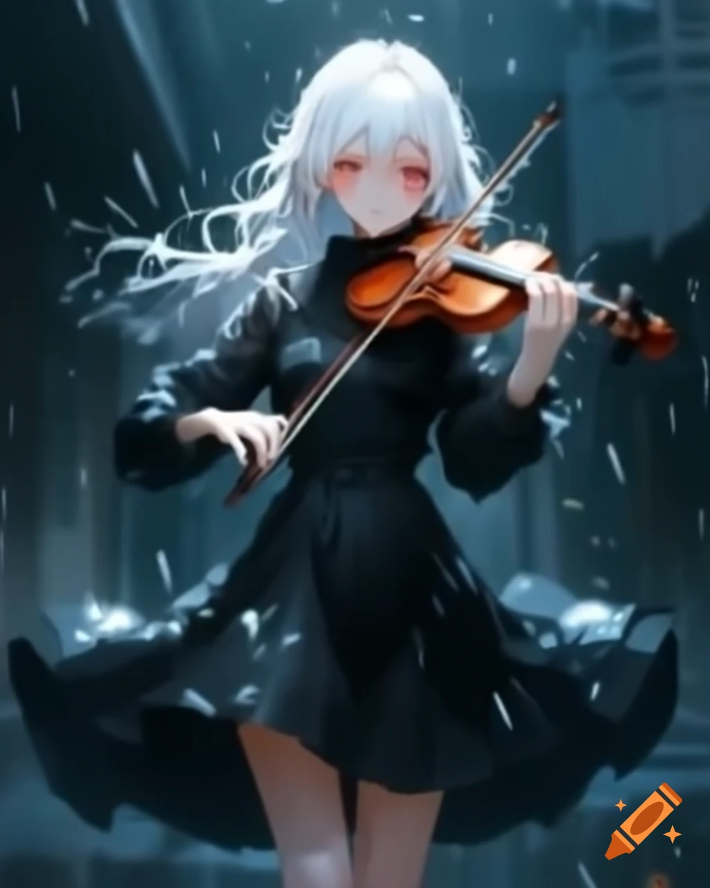 Woman with white hair in black dress playing violin in the rain, photorealistic anime style