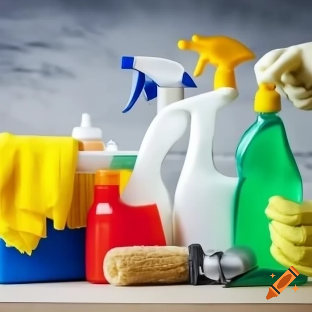 Various cleaning tools and household chemicals