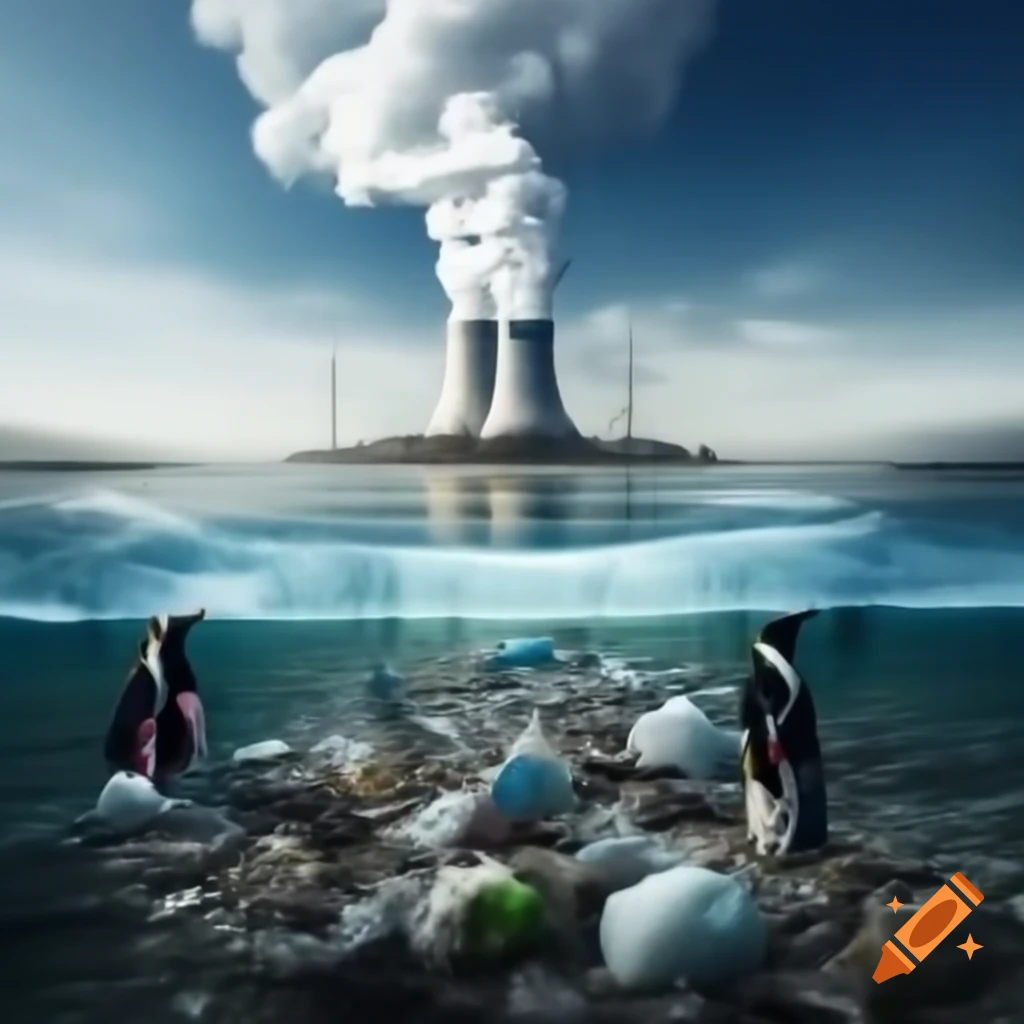 Climate change conference poster depicting penguins amid pollution and nuclear plants