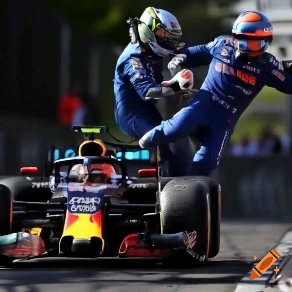Lance Stroll in Formula 1 car playfully wielding knight's lance during Grand Prix duel