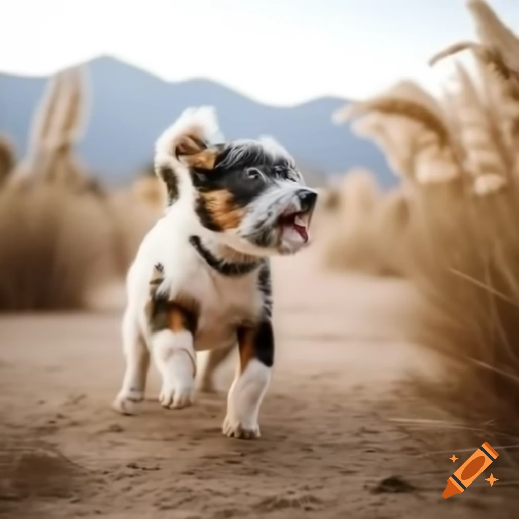 Young dog playfully romping in Argentinian Pampas with mountains