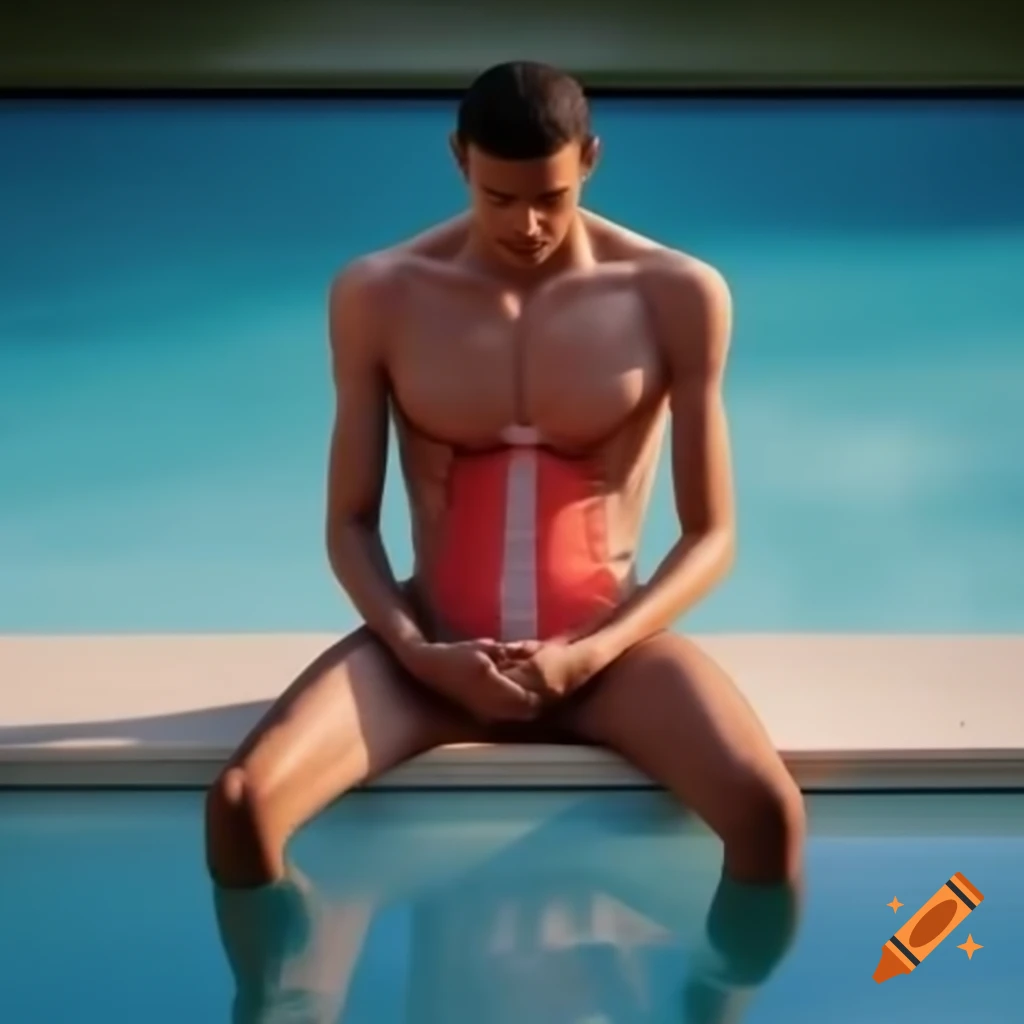 Hyper realistic depiction of a person by the pool with pronounced physique