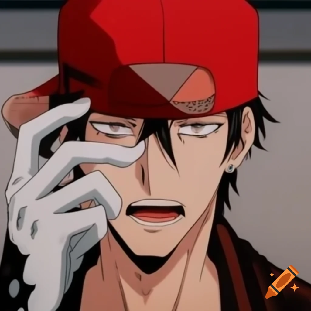 Refined anime man in red rap hat with bandages on right hand