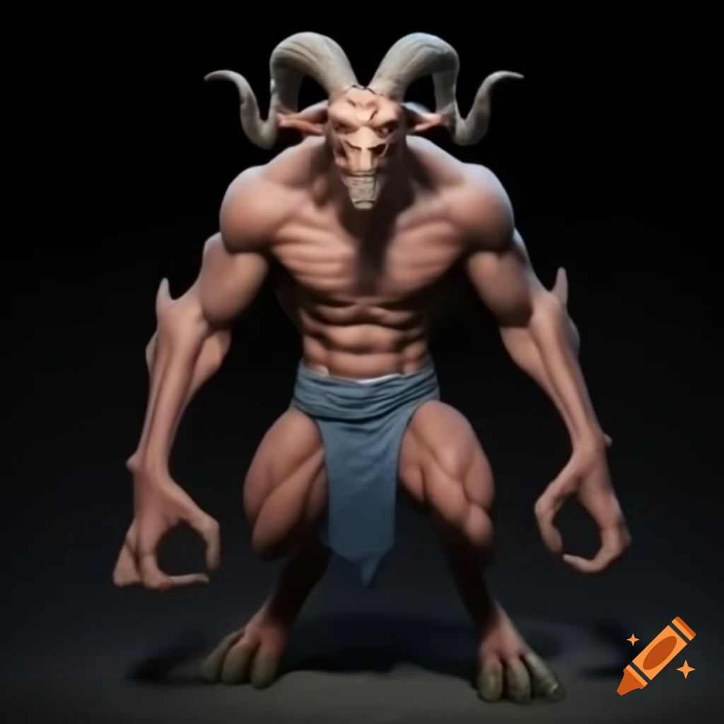 Muscular goat-headed demon in standing posture, wearing blue short jeans, HD realistic