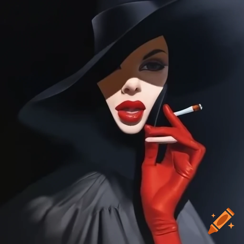 Stylish woman in hat and high heels with cigarette, serious expression