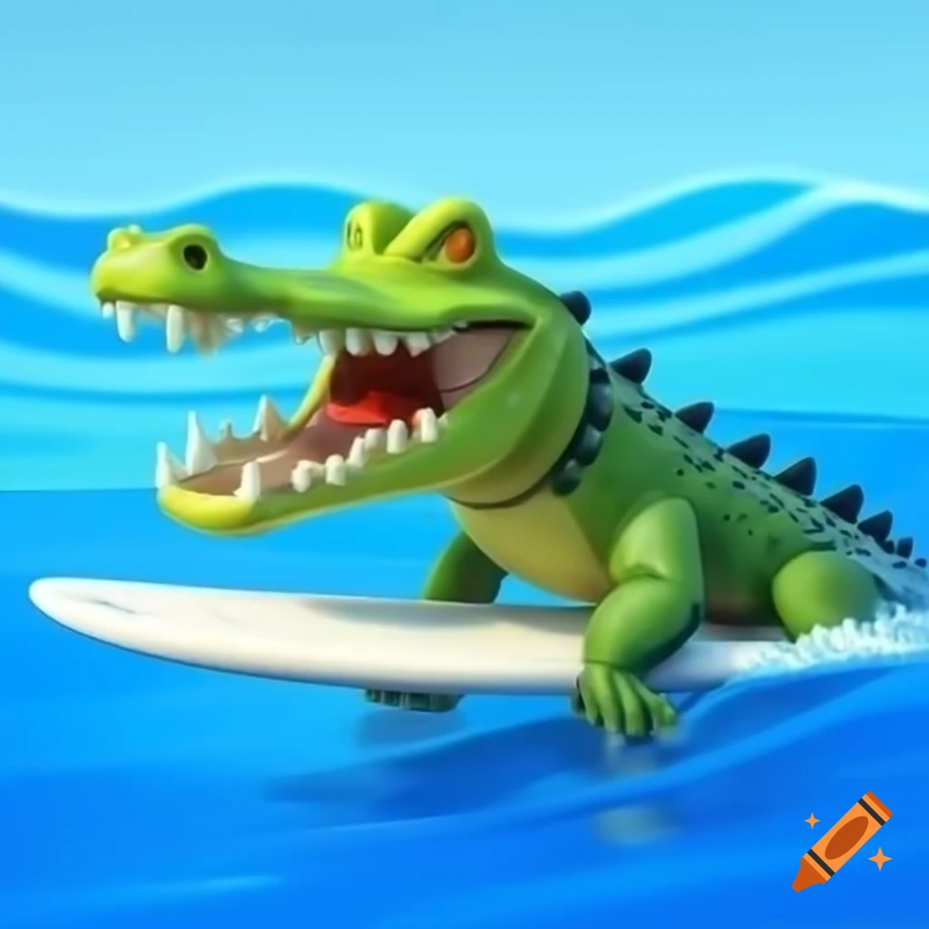 Aggressive cartoon crocodile biting surfboard in blue water