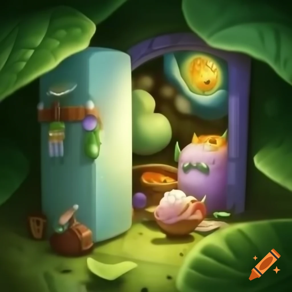 Fantasy artwork of open refrigerator with magical creatures inside