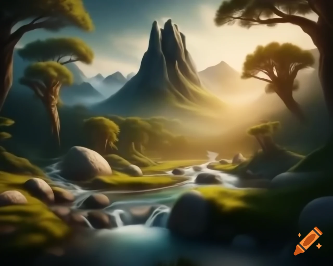 Majestic mountain range above a winding river with grand trees