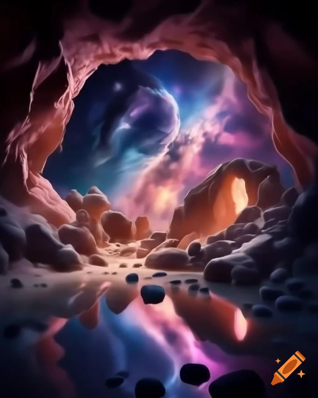 Cosmic portal in ancient pink cave with reflective ground and magical light