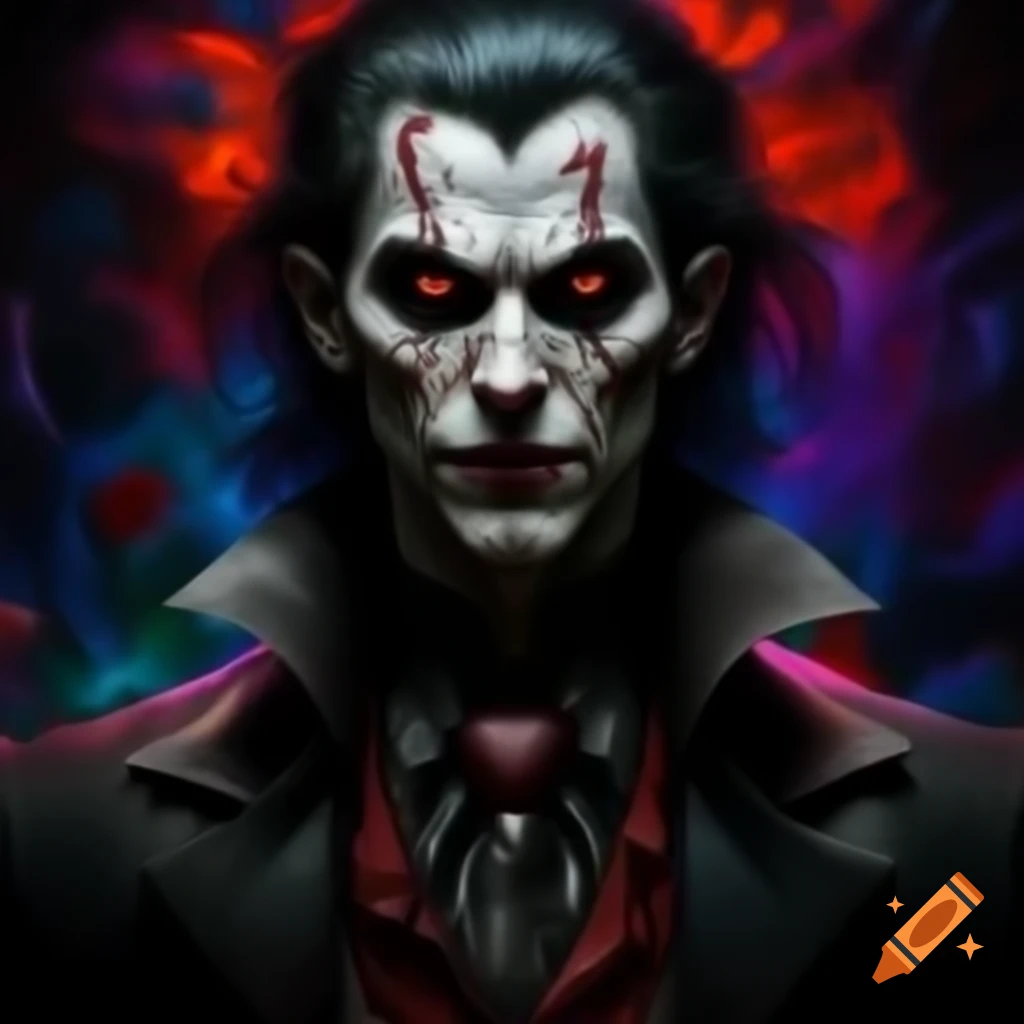 Hyper-realistic portrayal of black-haired male vampire in psychedelic style