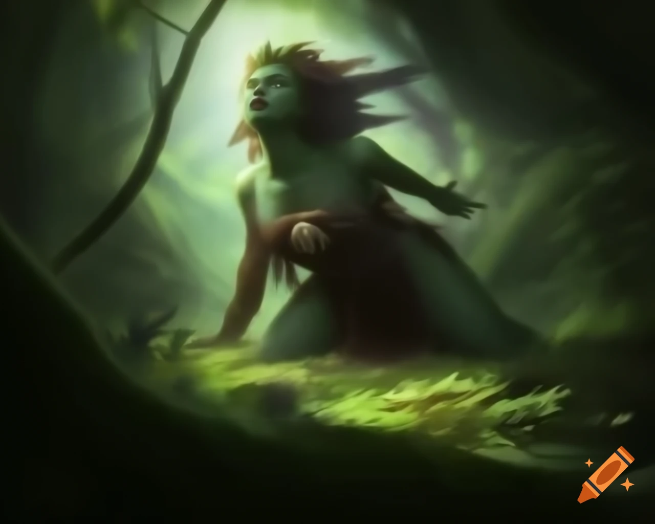 Powerful goddess of the wild in lush forest setting