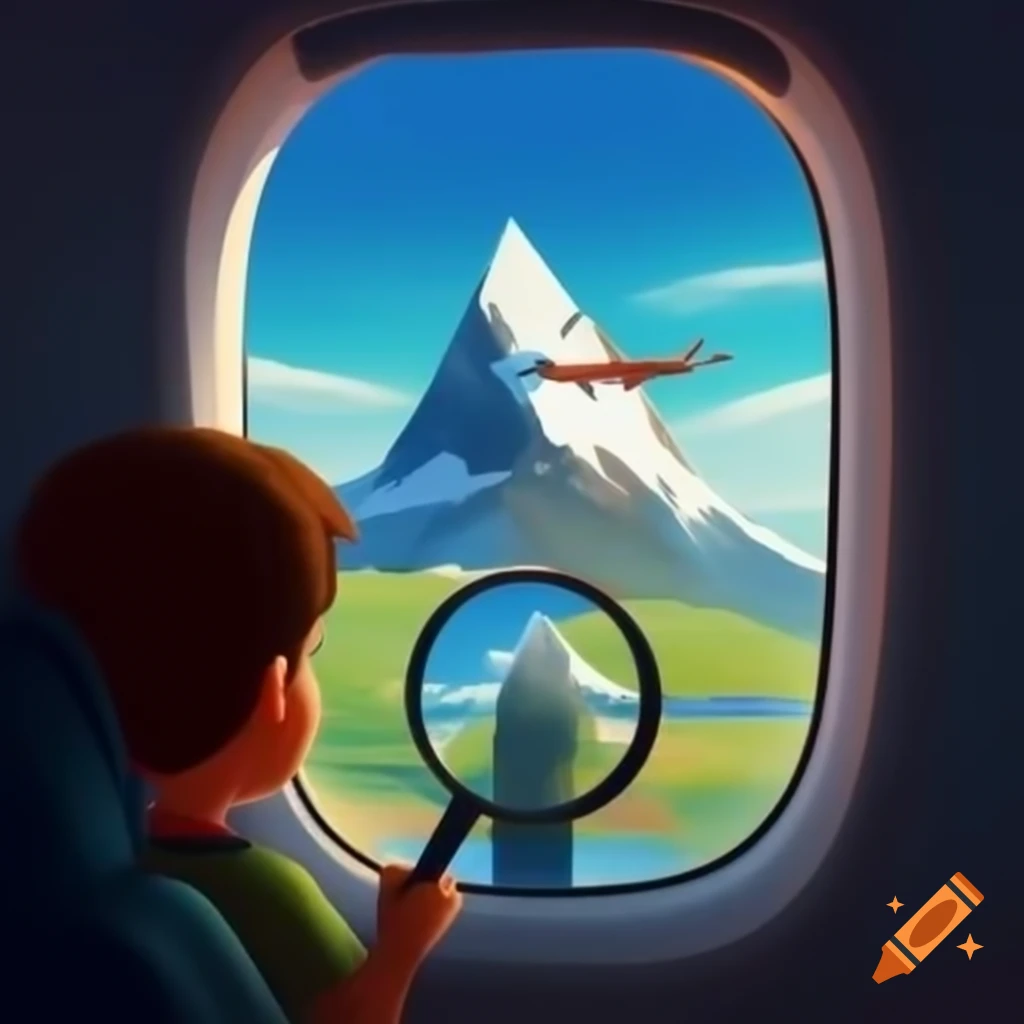 Boy using magnifying glass to view high mountain from airplane