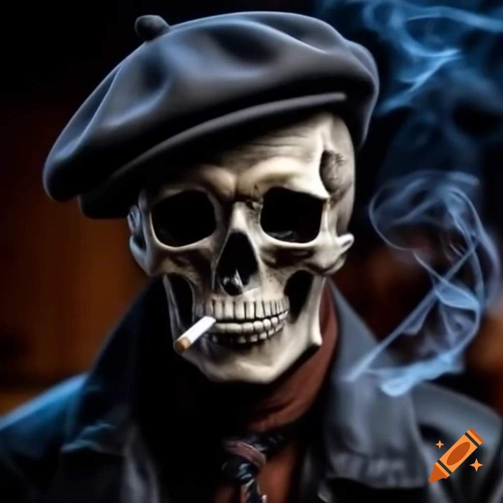 Skull wearing newsboy hat and smoking cigarette