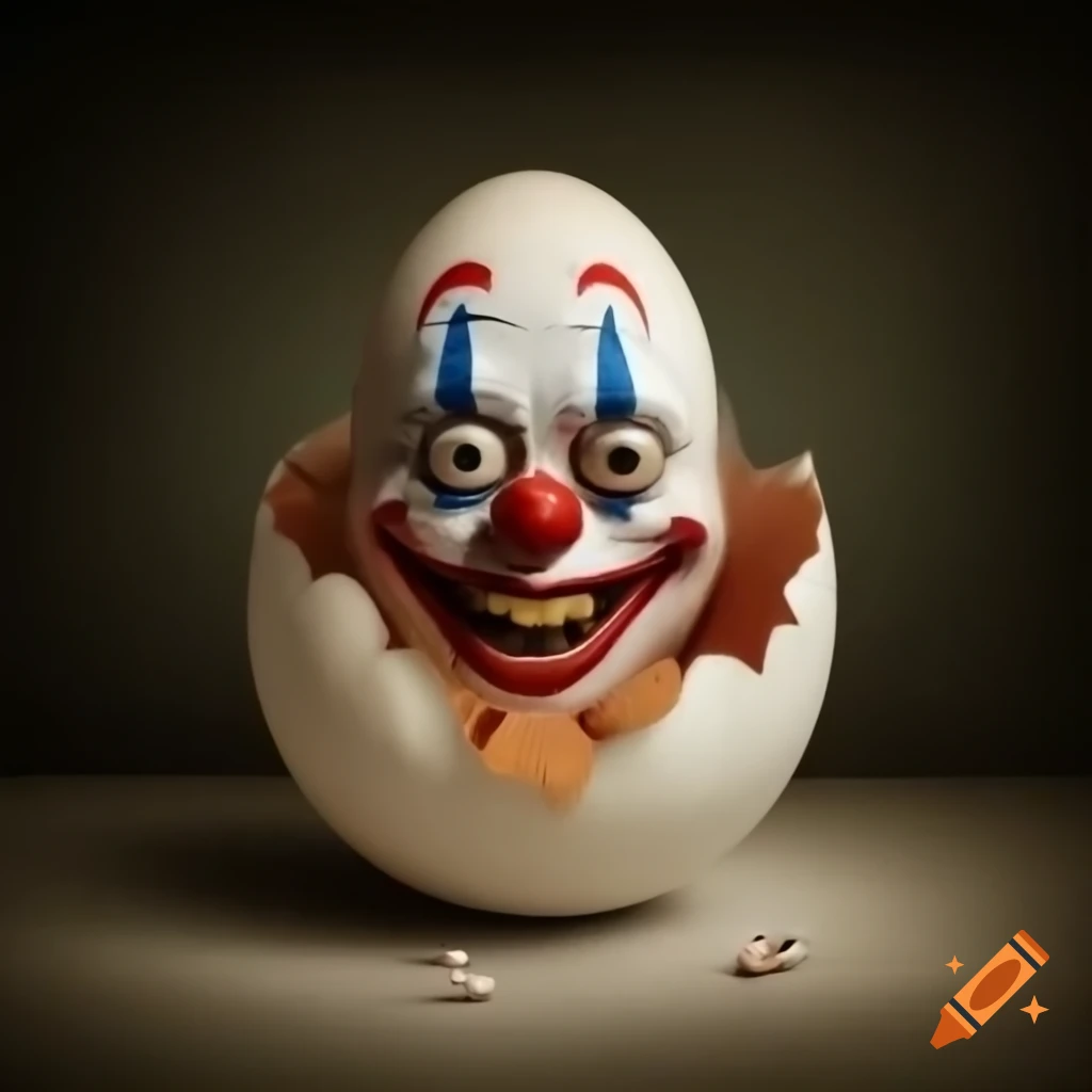 Clown emerging from an egg, surreal and whimsical