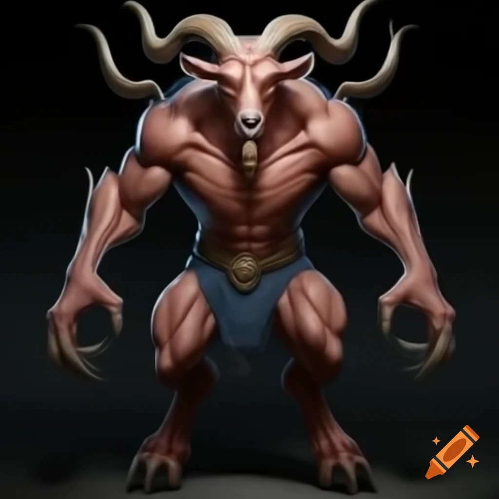 Strong goat-headed demon with large horns and muscular legs, HD realistic