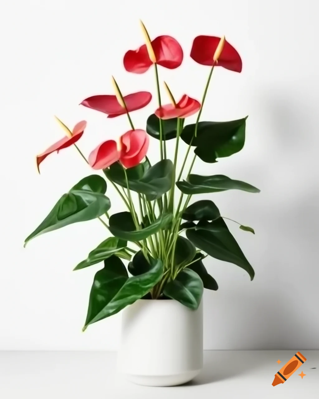 Realistic Anthurium plant in white pot on clean white background